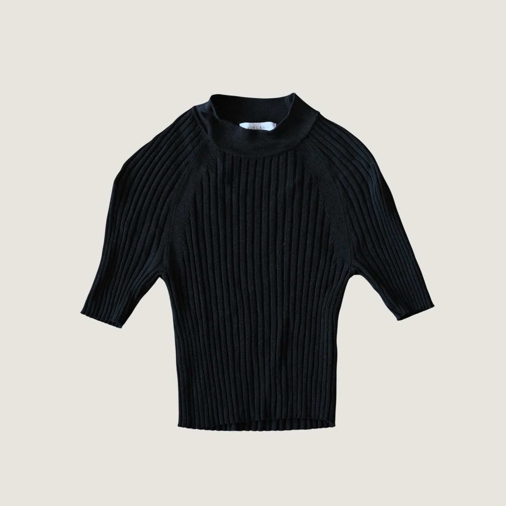 Everlane Ribbed Mock Neck Top Black Viscose Blend Short Sleeve Small Minimalist